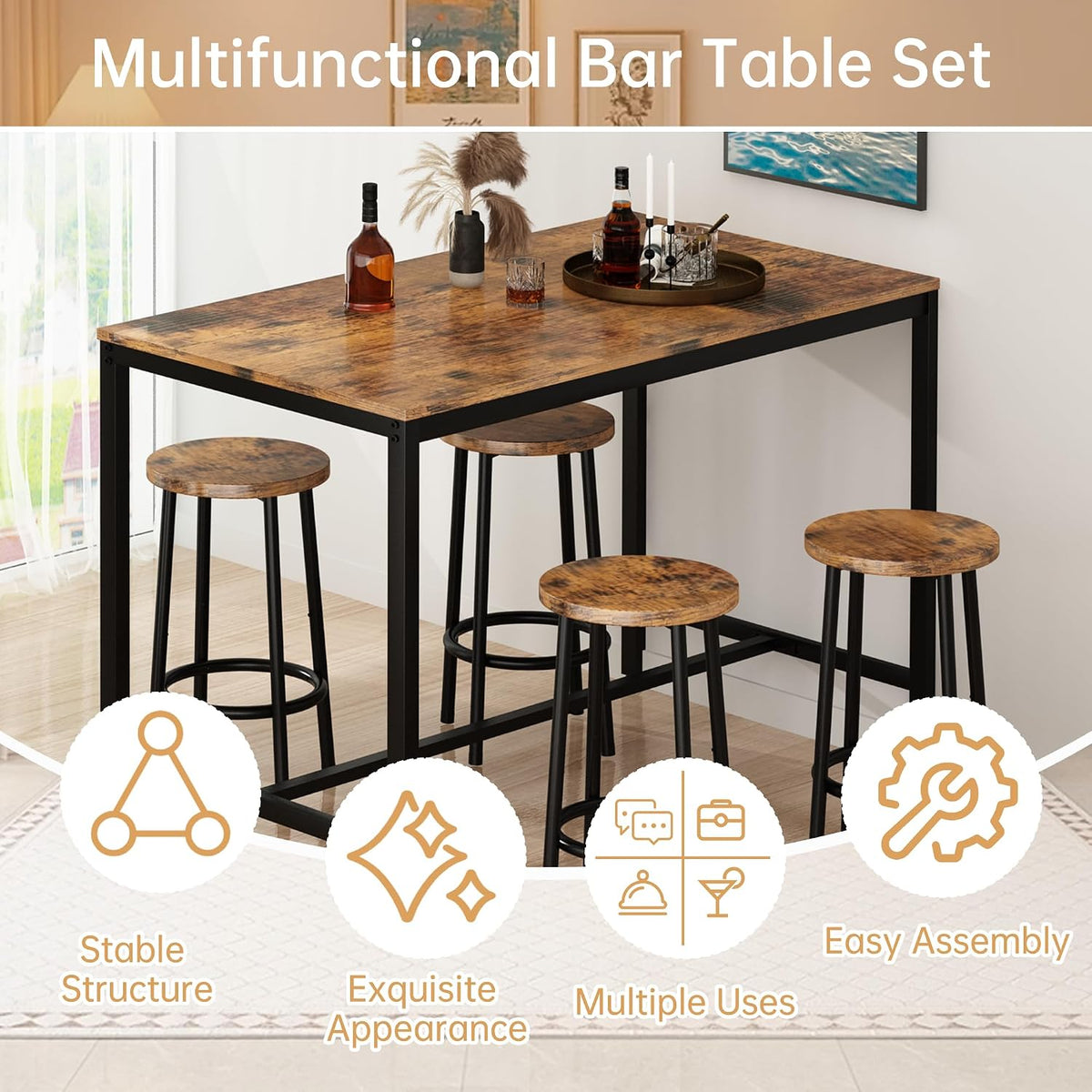 Recaceik Bar Table and Chairs Set, Industrial Counter 35.62" Height Pub Table with 4 Chairs Bar Table Set, 5 Pieces Dining Table Set Home Kitchen Breakfast Table