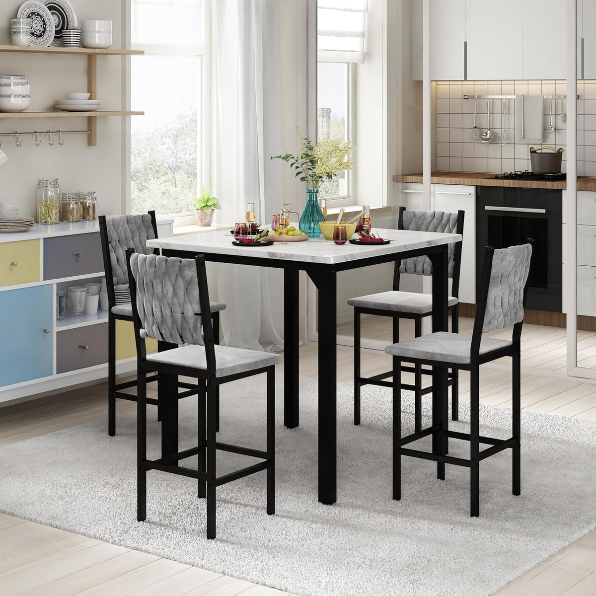 MOOSENG 5-Piece Counter Height Dining Table Set, Square Kitchen Table Set for 4 & 4 Velvet Bar Stools, Modern High Top Compact Dining Set Table for Small Spaces