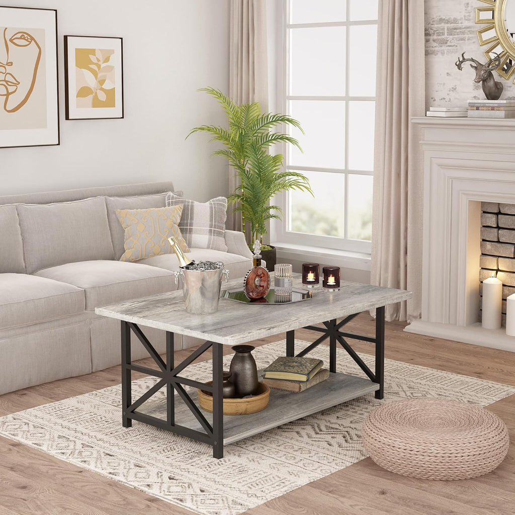 MOOSENG Coffee Table with Storage Shelf, 2-Tier Industrial Living Room Table Round Corners , Faux Marble Center Table with Metal Frame, Rustic Cocktail Table for Living Room