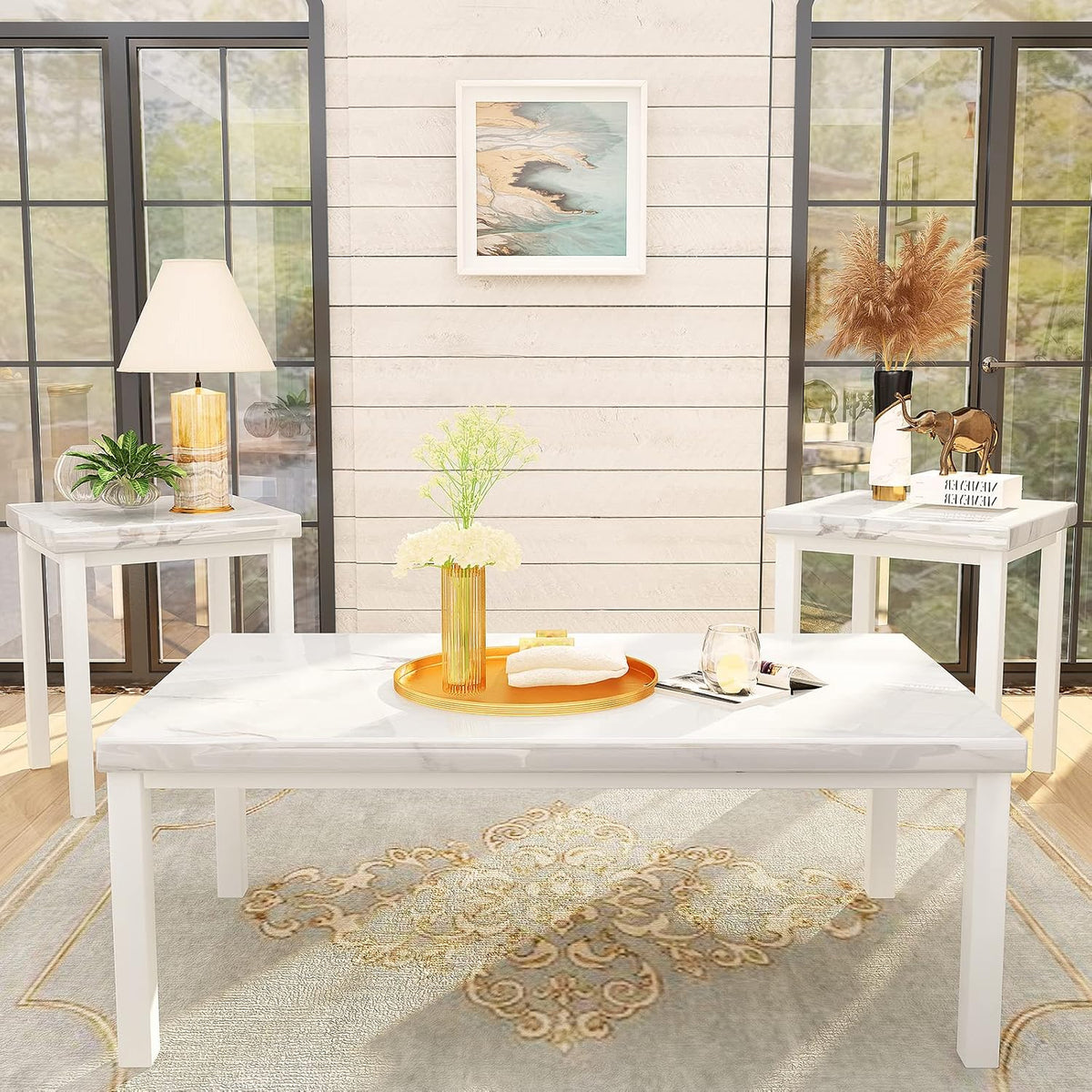 Cvortll 3-Piece Coffee Table Set, Modern Faux Marble Nesting Tables with Sturdy Metal Frame, Living Room Furniture Set Including Coffee Table and Square End Tables