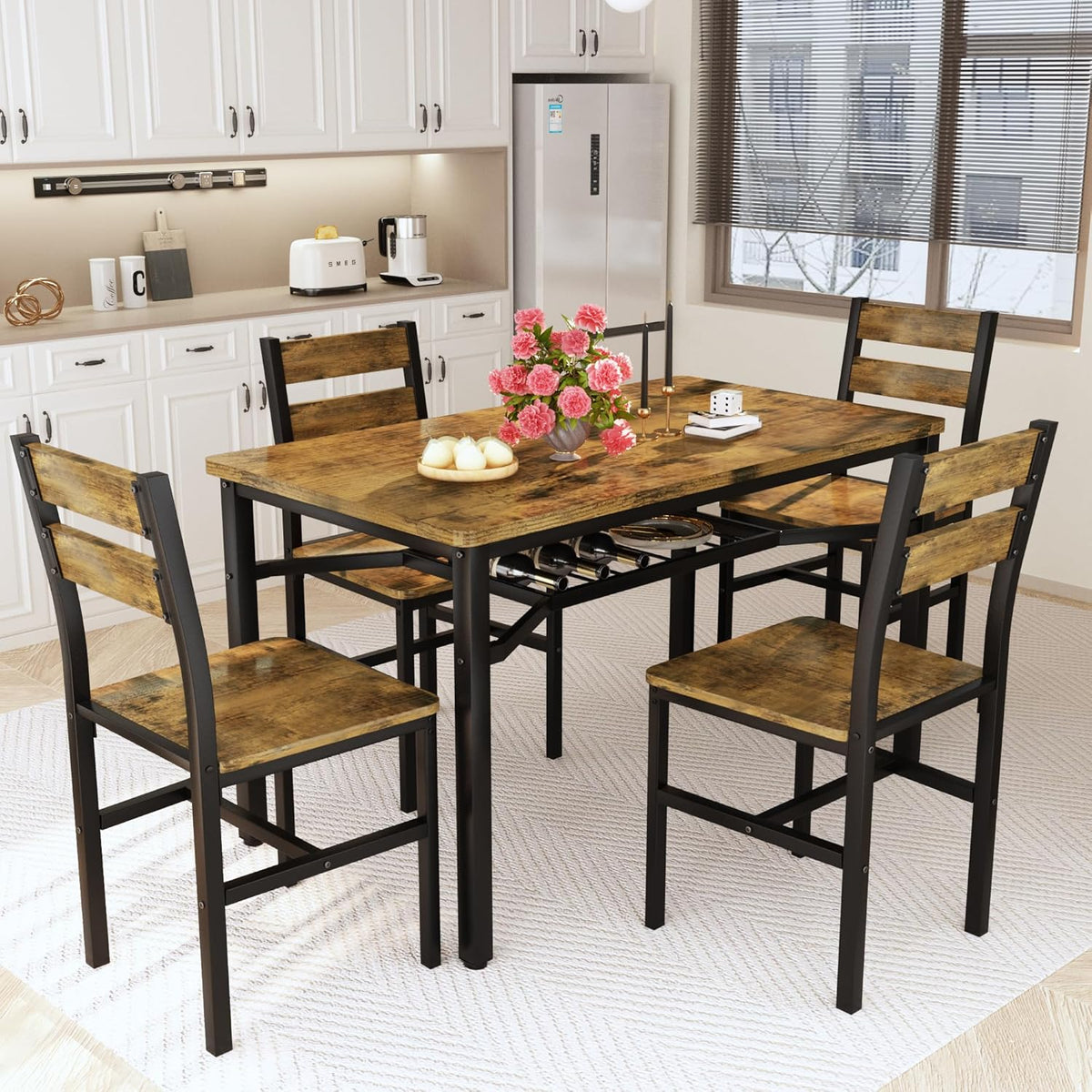 MOOSENG 5-Piece Dining Table Set with Wine Rack, Wood Kitchen Table and Set of 4 Chairs, Space-Saving Farmhouse Dinette Set for Breakfast Nook, Apartment Brown