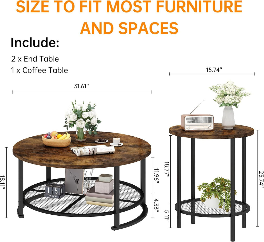 Cvortll Coffee Table Set, Coffee Table & Two End Side Table, Modern 3-Piece Living Room Table Set