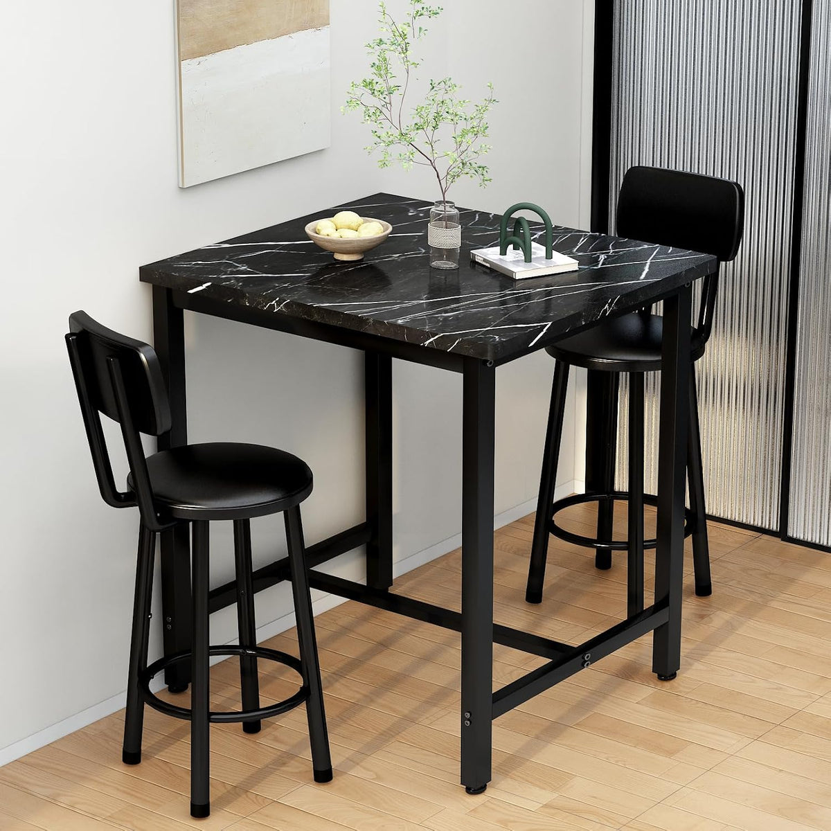 MOOSENG 3 Piece Counter Height Dining Table Set for 2, Bar Table Set of 2 Bistro Kitchen Table Sets with 2 PU Leather Bar Stools, Bar Table Set for Breakfast Nook Small Space