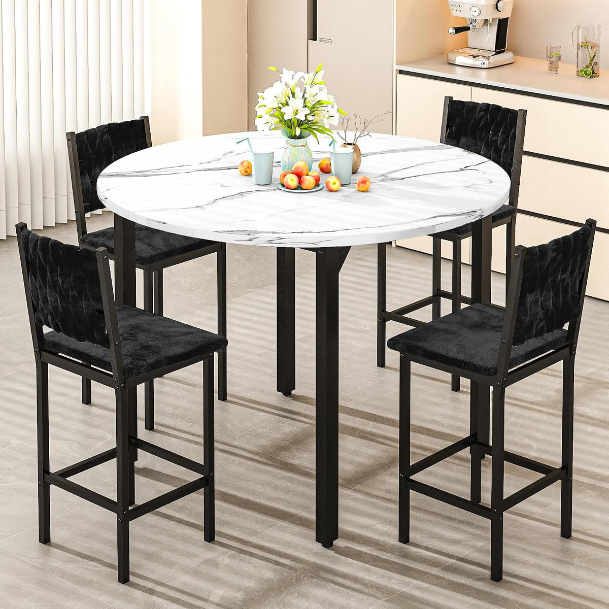 MOOSENG 5 Piece Round Dining Table Set for 4, Counter Height Dining Set with 4 Velvet Upholstered Chairs, Modern Kitchen Table Set, Round Dining Table & Chair for Small Spaces