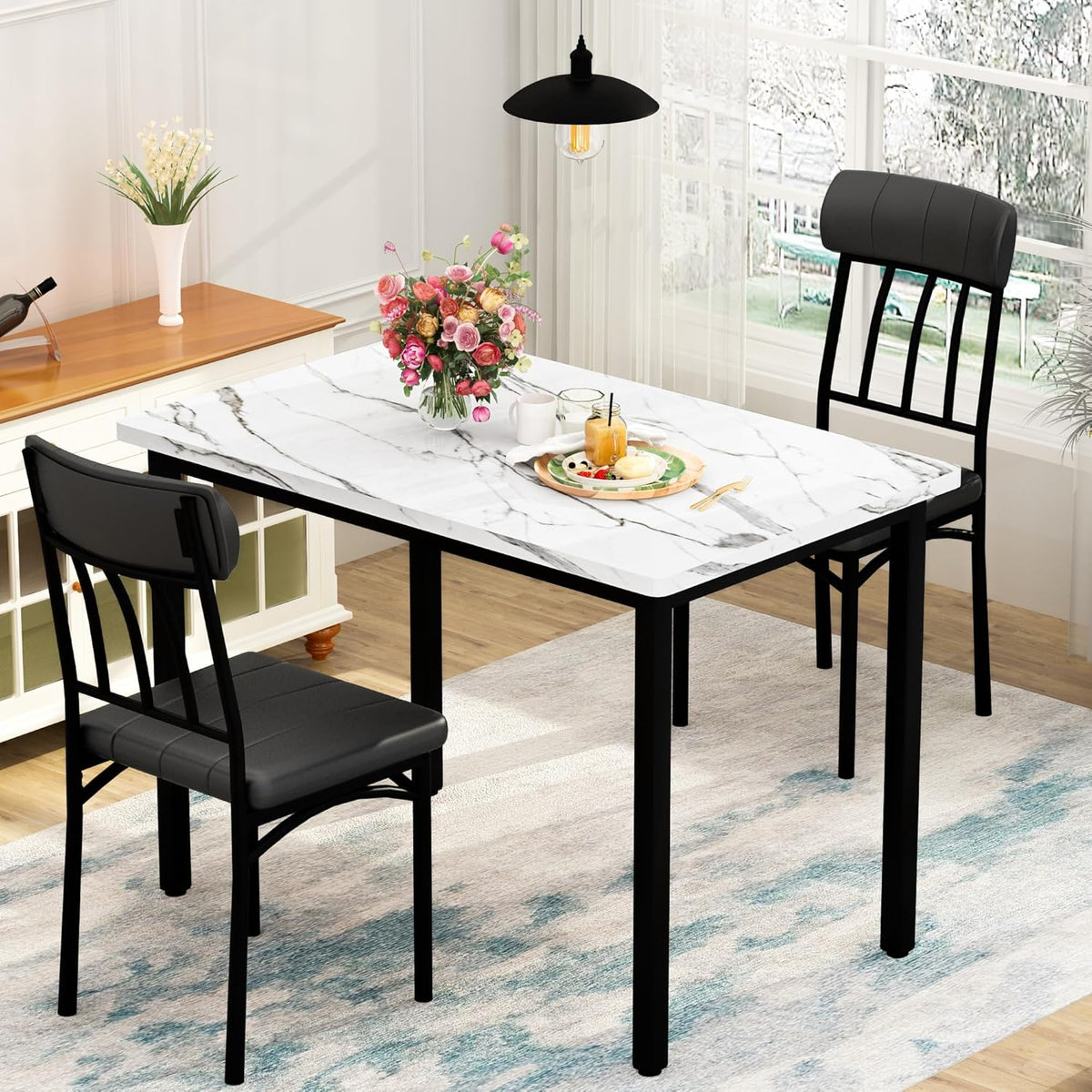 MOOSENG 3-Piece Dining Table Set for 2, Modern Style Kitchen Table and 2 Chairs, Compact Industrial Breakfast Nook Set for Small Spaces, Apartments, Living Room