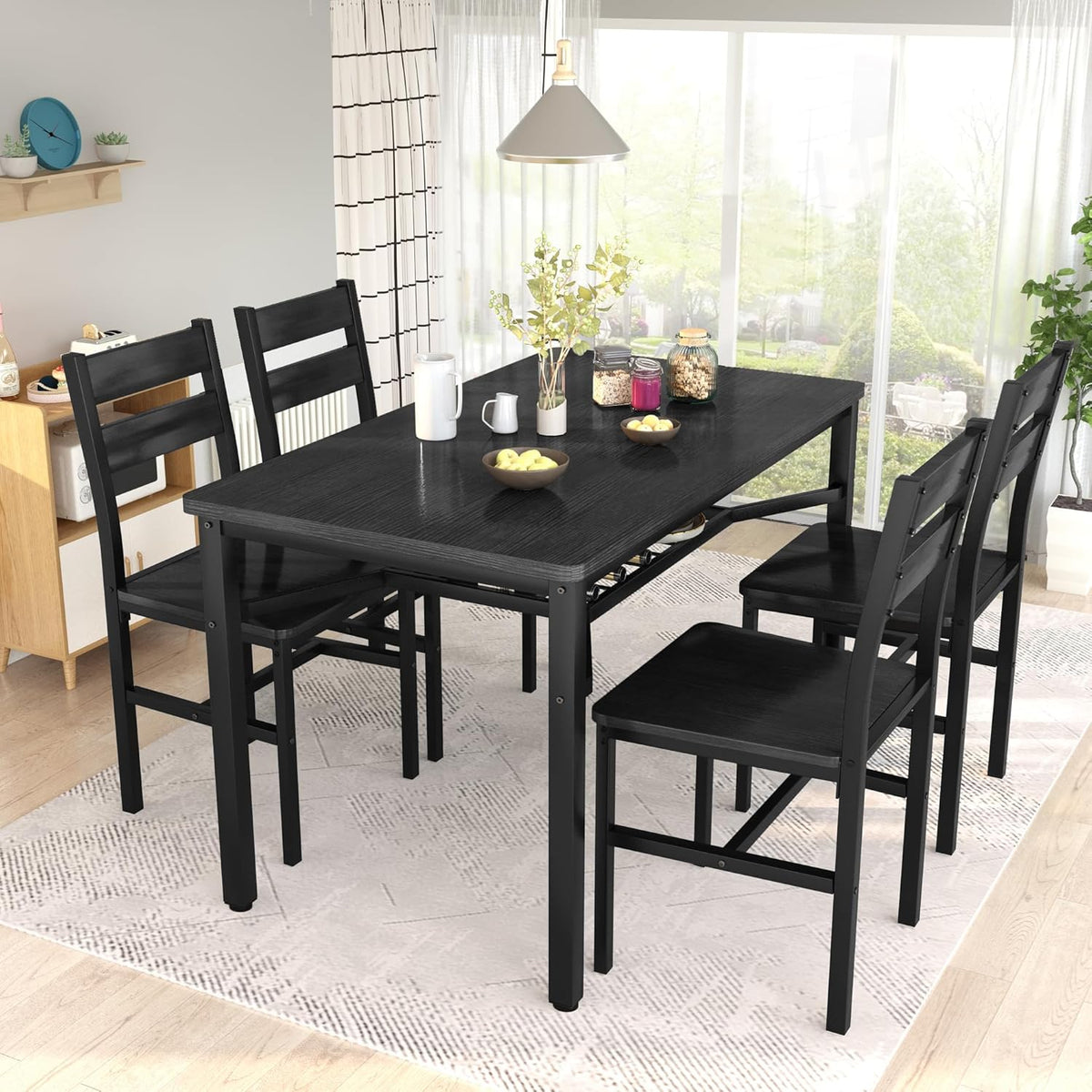 MOOSENG 5-Piece Dining Table Set with Wine Rack, Wood Kitchen Table and Set of 4 Chairs, Space-Saving Farmhouse Dinette Set for Breakfast Nook, Apartment Brown