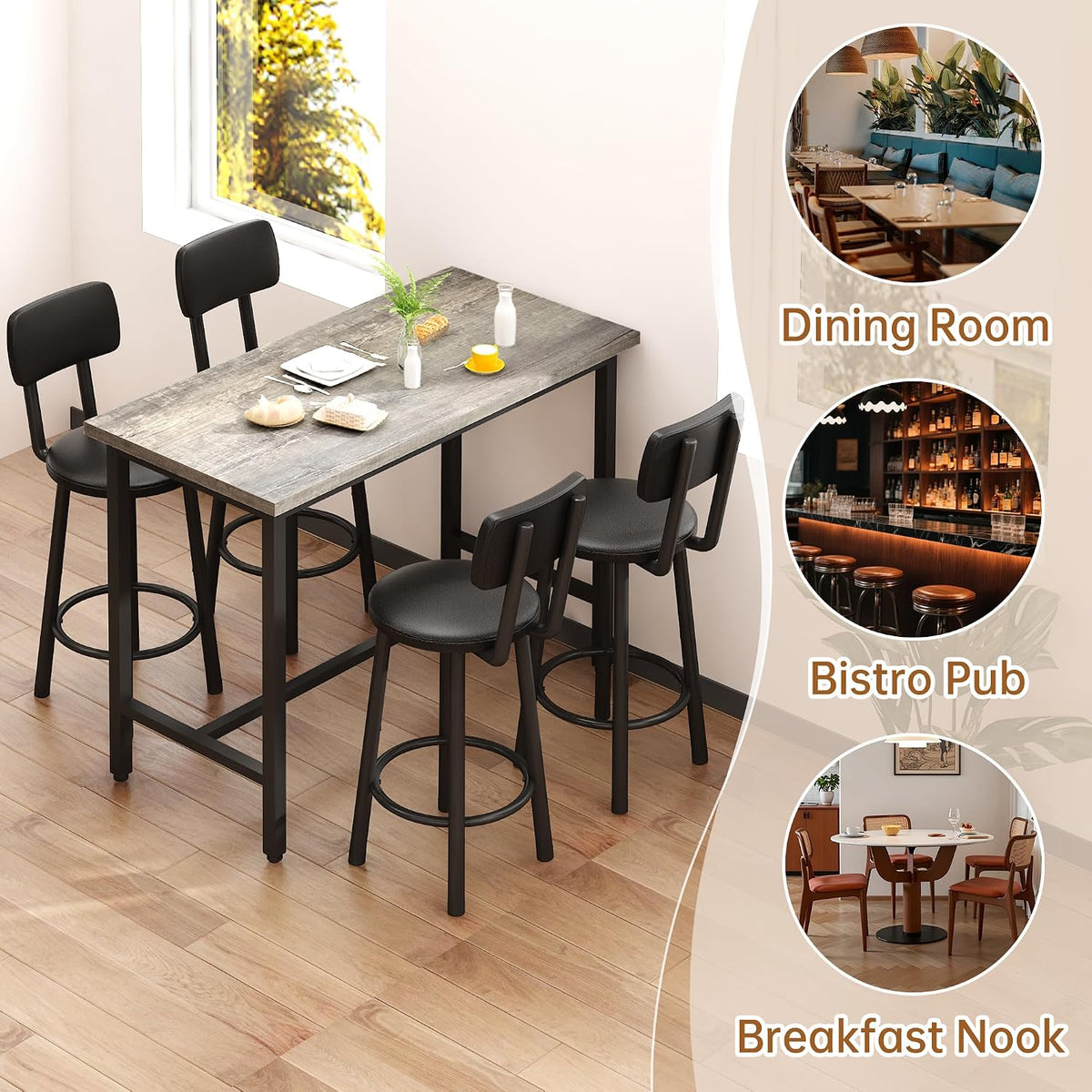 MOOSENG 4-Piece Counter Height Bar Table Dining Set with Metal Frame & 4 PU Stools, Space-Saving for Kitchen, Restaurant, Small Apartment