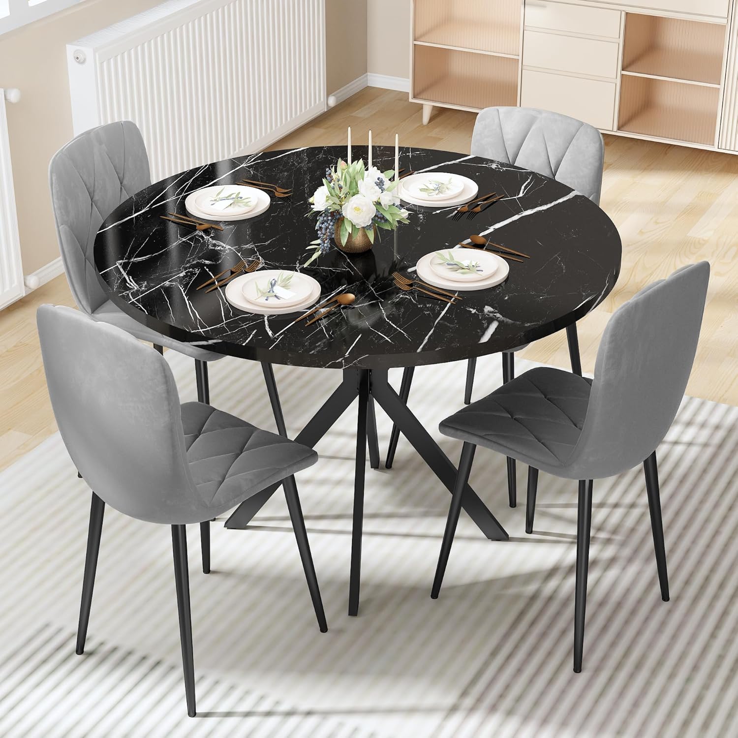 LinkRomat Round Kitchen Table and Chairs Set, 5-Piece Dining Room Table Set with Faux Marble Top & 4 Luxury Diamond Tufted Chairs, Used in Kitchens and Dining