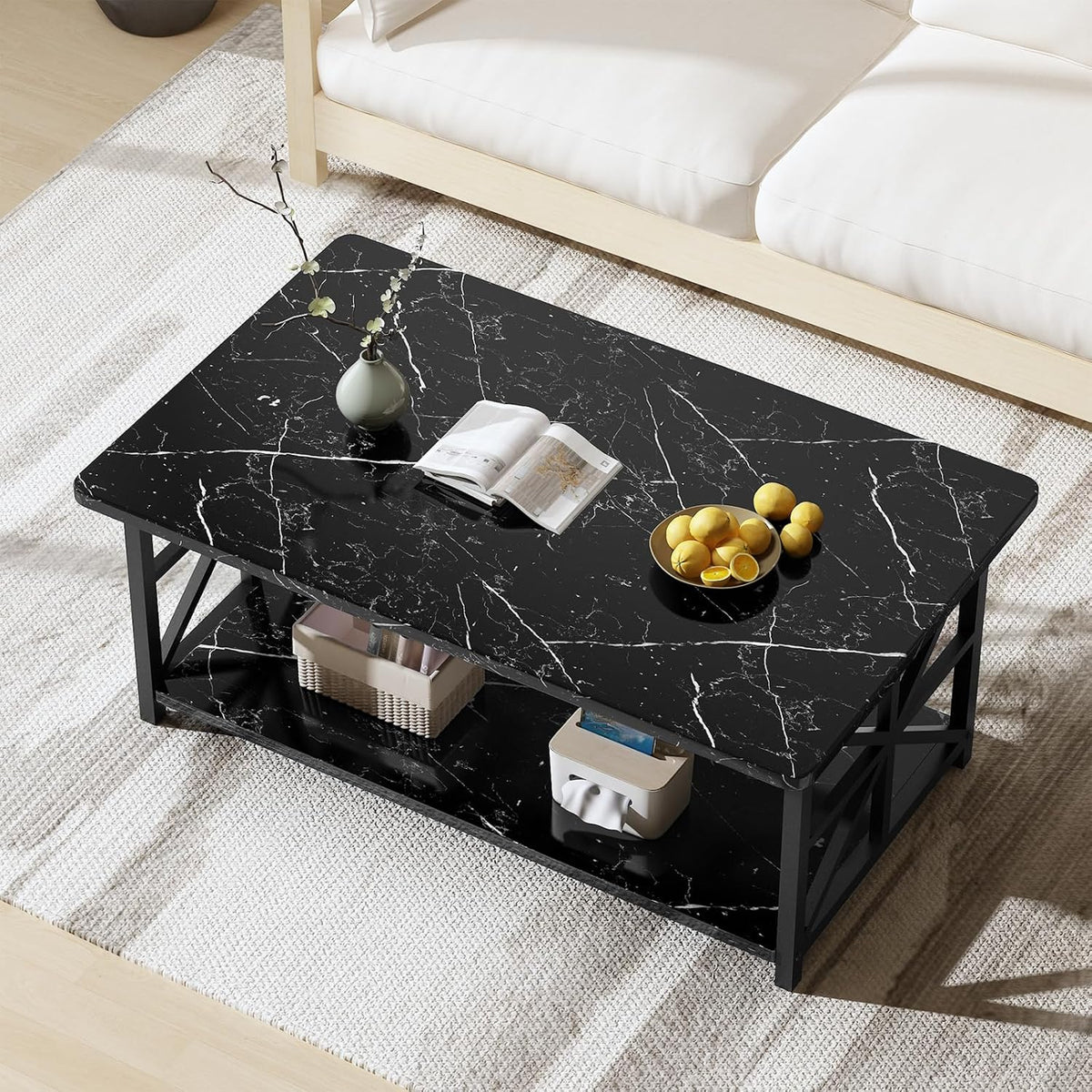 MOOSENG Coffee Table with Storage Shelf, 2-Tier Industrial Living Room Table Round Corners , Faux Marble Center Table with Metal Frame, Rustic Cocktail Table for Living Room