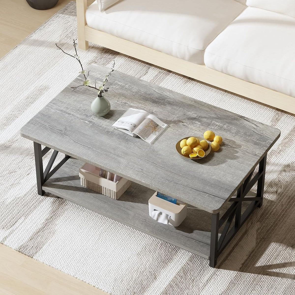 MOOSENG Coffee Table with Storage Shelf, 2-Tier Industrial Living Room Table Round Corners , Faux Marble Center Table with Metal Frame, Rustic Cocktail Table for Living Room