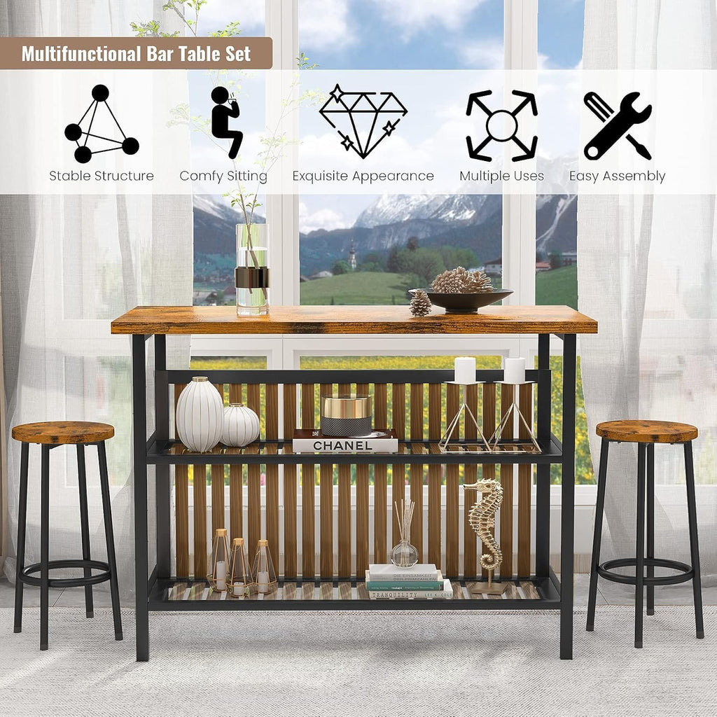 MOOSENG 3-Piece Kitchen Island Set with Storage, Wooden Bar Table and 2 Stools, Industrial Modern Counter Height Dining Table Sets for Small Spaces, Dining Room