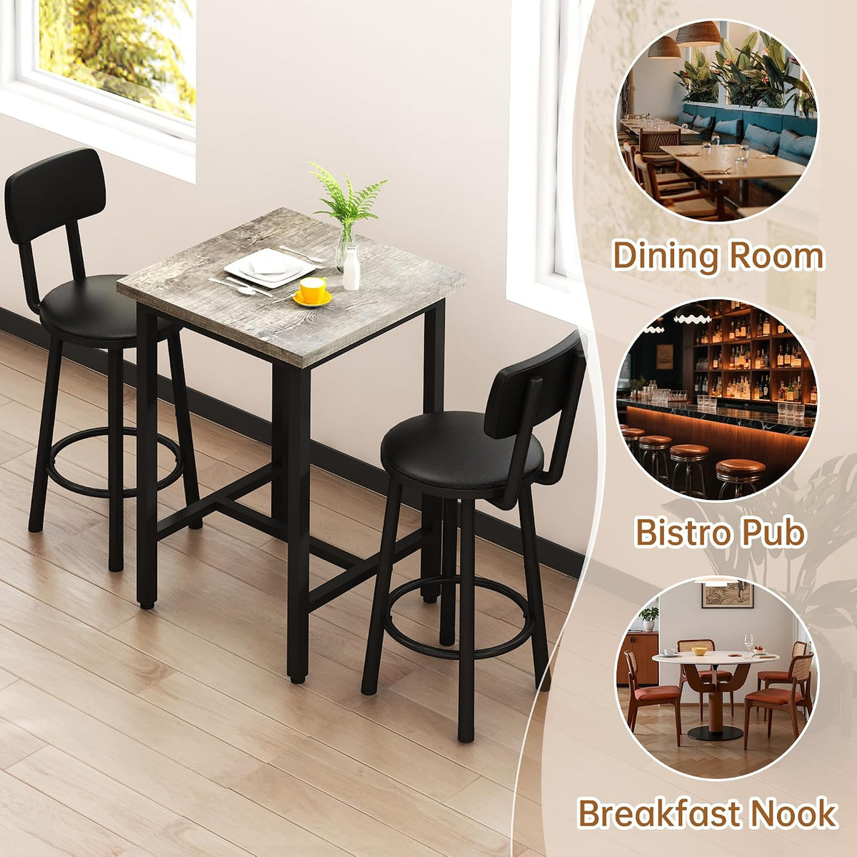 MOOSENG 3 Piece Counter Height Dining Table Set for 2, Bar Table Set of 2 Bistro Kitchen Table Sets with 2 PU Leather Bar Stools, Bar Table Set for Breakfast Nook Small Space