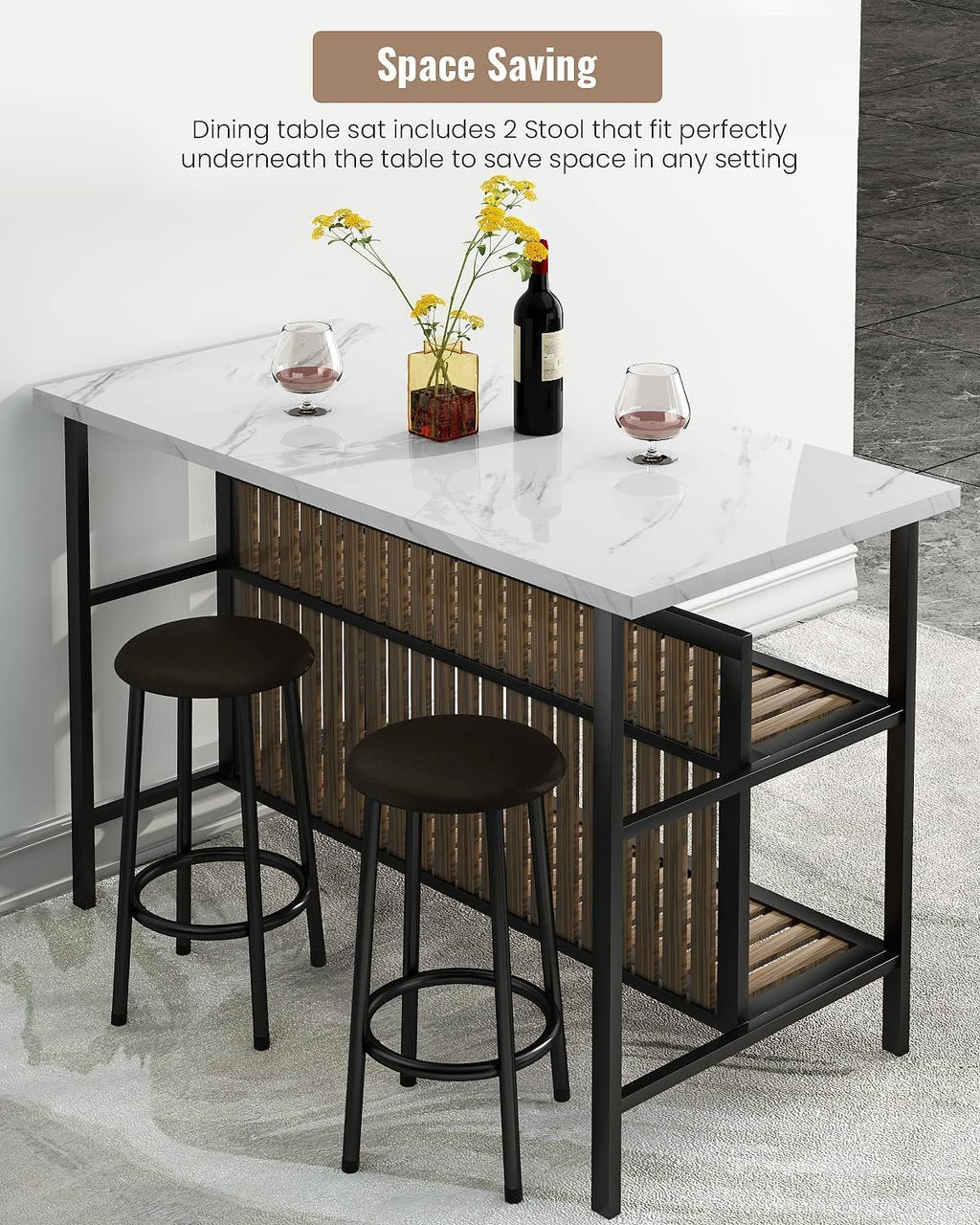 MOOSENG 3-Piece Kitchen Island Set with Storage, Wooden Bar Table and 2 Stools, Industrial Modern Counter Height Dining Table Sets for Small Spaces, Dining Room