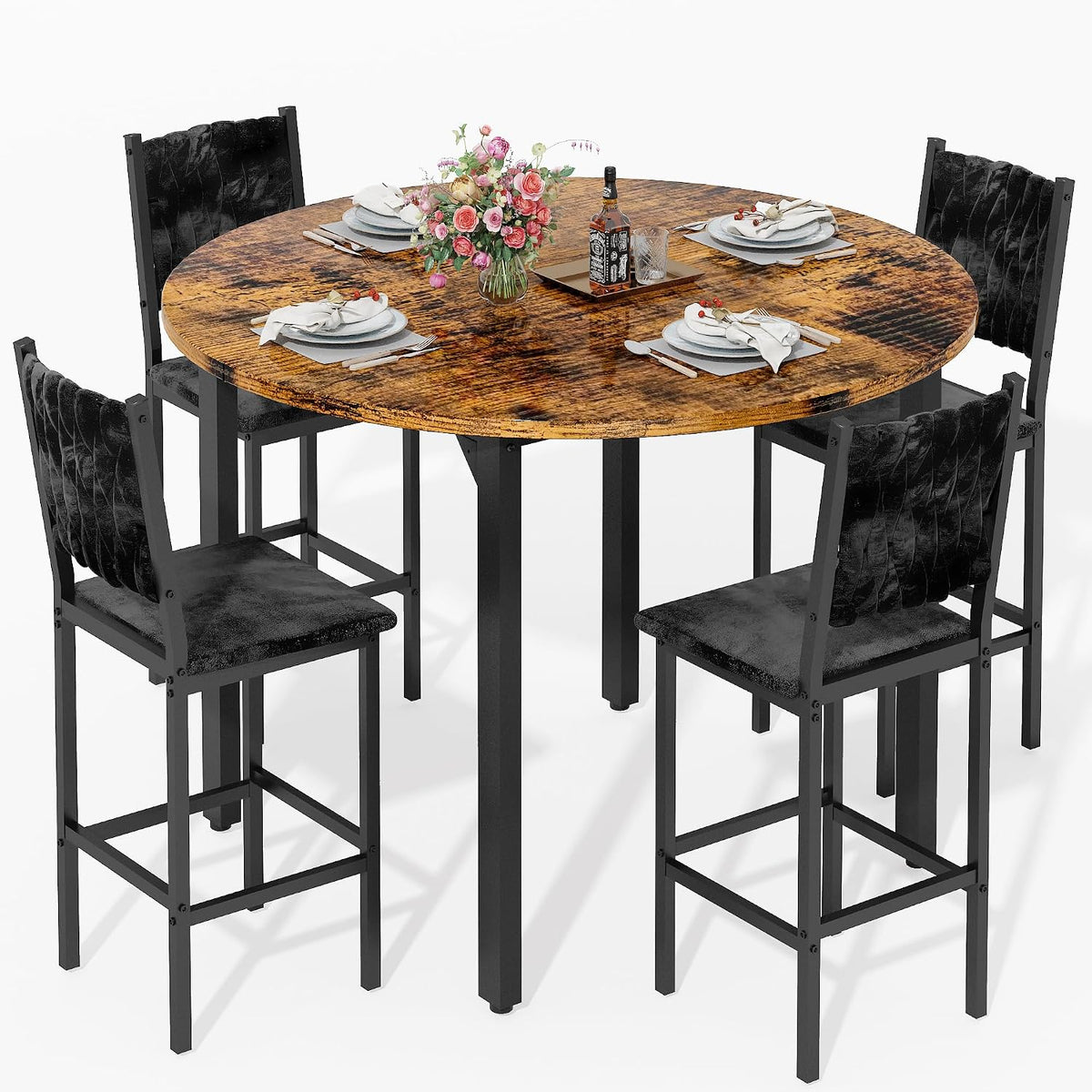 MOOSENG 5 Piece Round Dining Table Set for 4, Counter Height Dining Set with 4 Velvet Upholstered Chairs, Modern Kitchen Table Set, Round Dining Table & Chair for Small Spaces