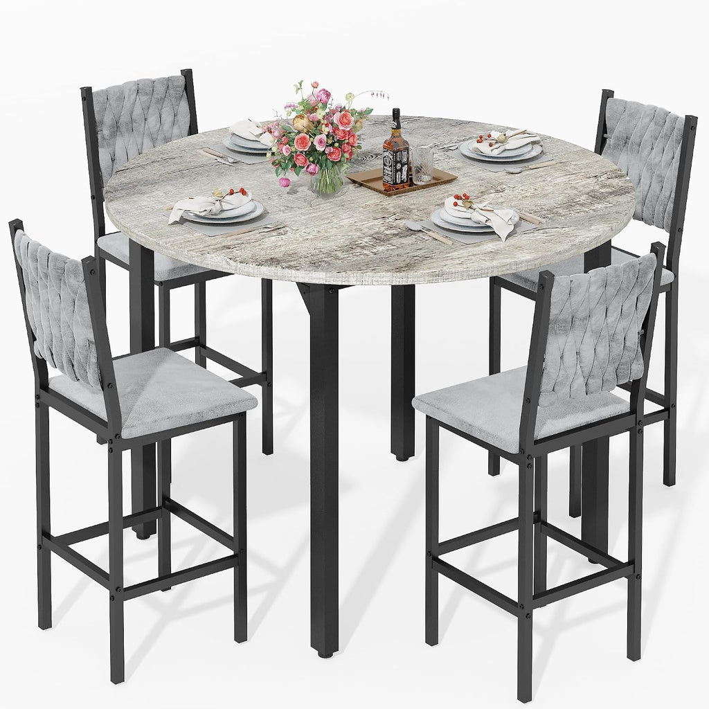 MOOSENG 5 Piece Round Dining Table Set for 4, Counter Height Dining Set with 4 Velvet Upholstered Chairs, Modern Kitchen Table Set, Round Dining Table & Chair for Small Spaces