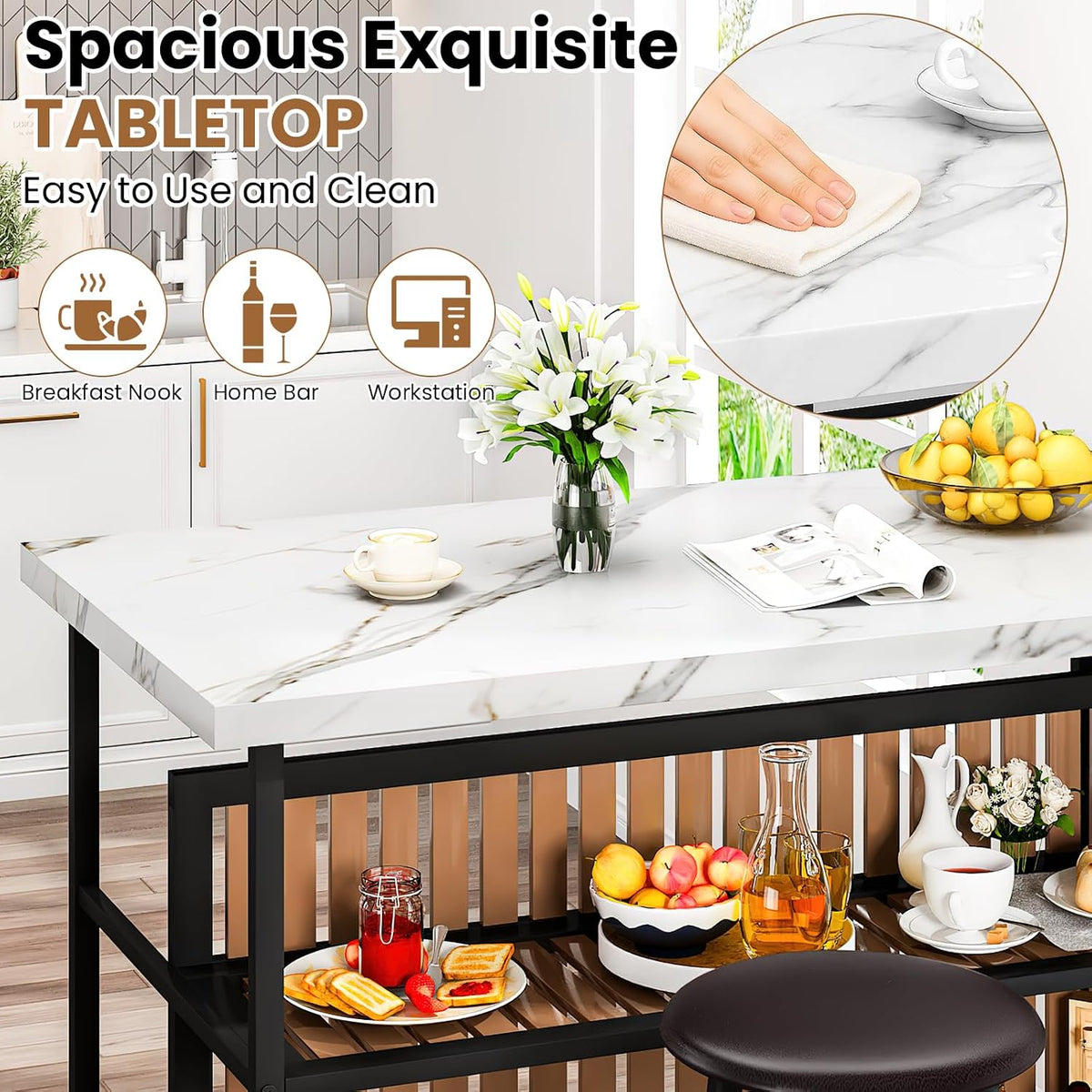 Recaceik Kitchen Island with Seating, Wooden Counter Height Table