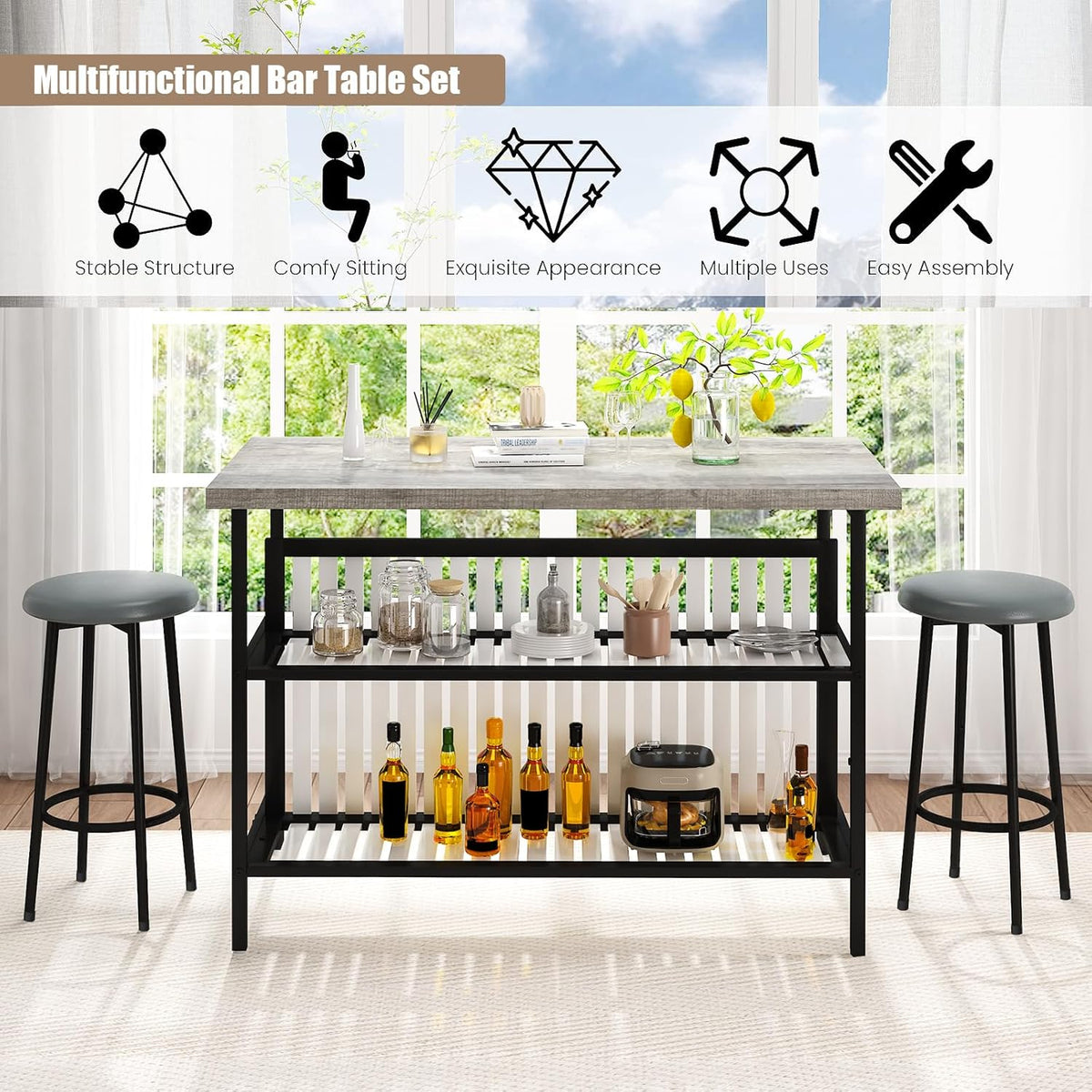 MOOSENG 3-Piece Kitchen Island Set with Storage, Wooden Bar Table and 2 Stools, Industrial Modern Counter Height Dining Table Sets for Small Spaces, Dining Room