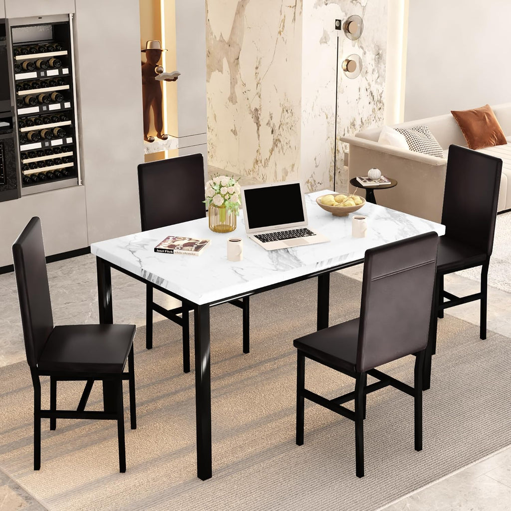 Cvortll Dining Room Table Set Modern Dining Table Set for 4 Kitchen Table and Chairs Faux Marble Dinner Table & 4 PU Leather Upholstered Chairs Dinning Table Sets for 4 Kitchen & Dining Room Sets