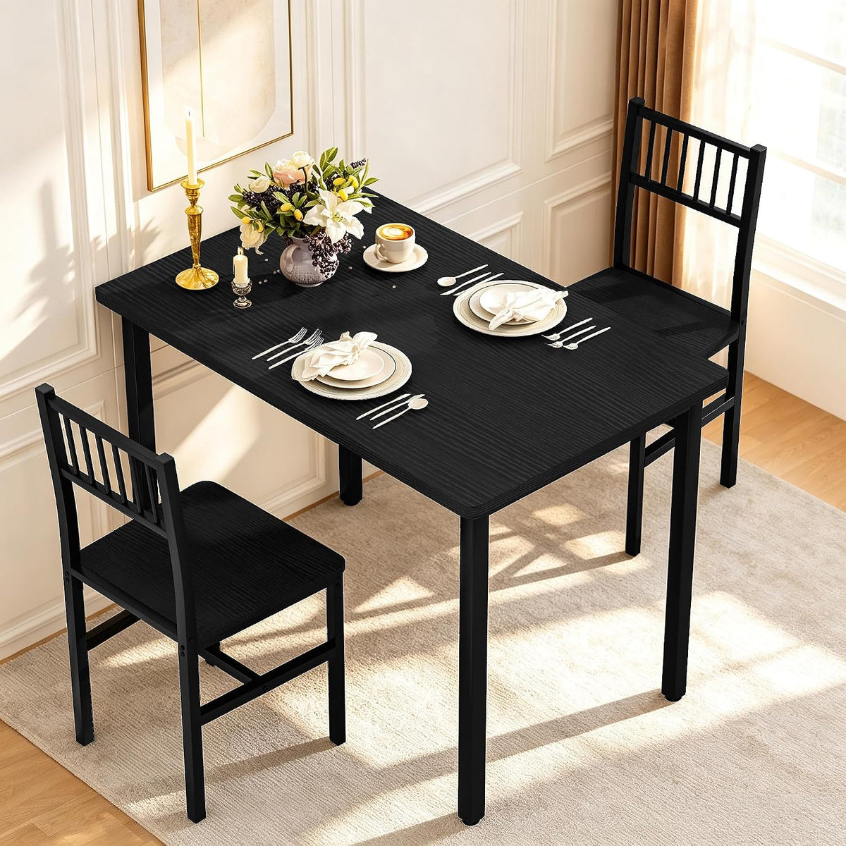 Cvortll 3-Piece Dining Table Set for 2,Wooden Farmhouse Dining Table with Storage,Square Kitchen Table Set for Dining Room,Small Space