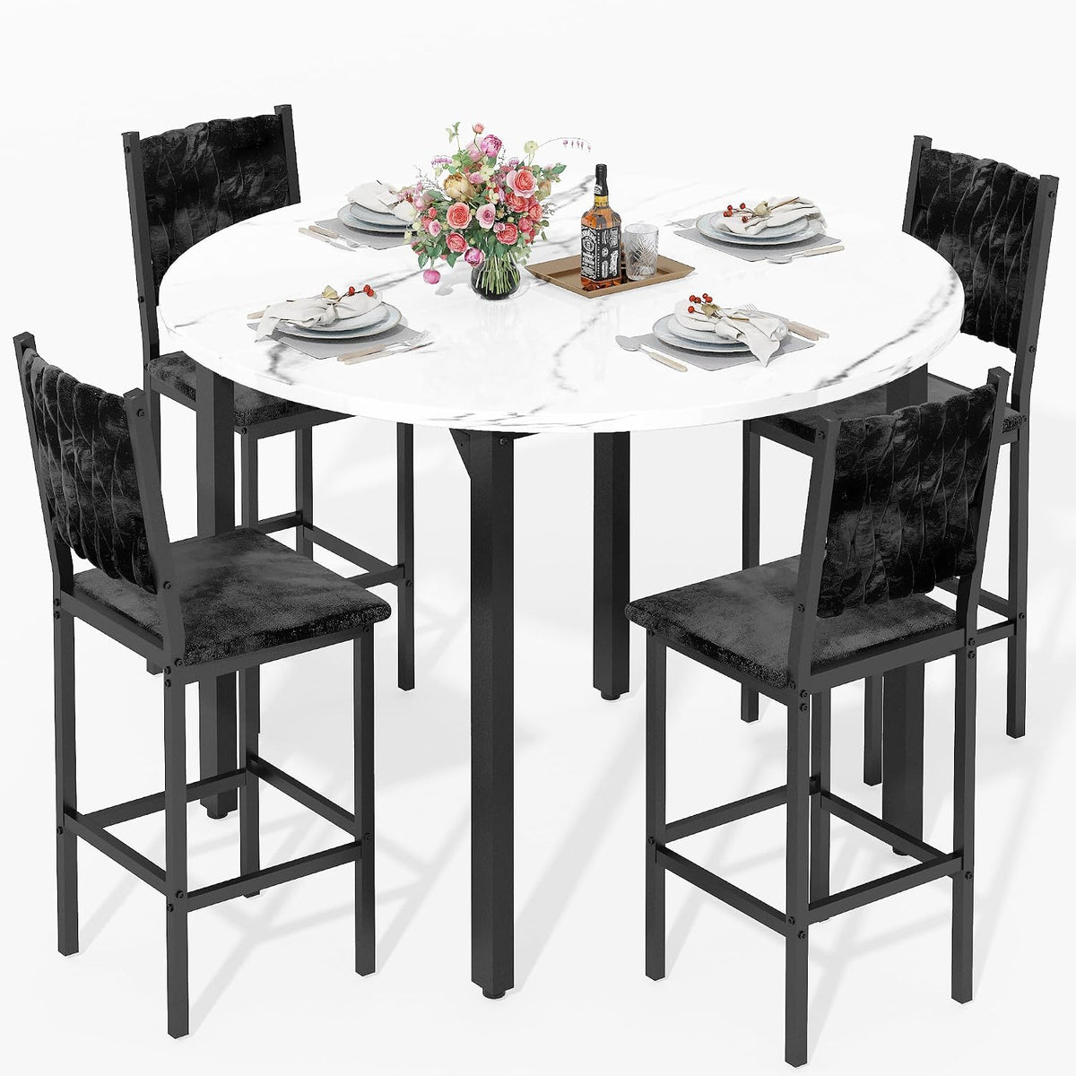MOOSENG 5 Piece Round Dining Table Set for 4, Counter Height Dining Set with 4 Velvet Upholstered Chairs, Modern Kitchen Table Set, Round Dining Table & Chair for Small Spaces