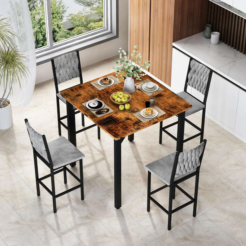 MOOSENG 5-Piece Counter Height Dining Table Set, Square Kitchen Table Set for 4 & 4 Velvet Bar Stools, Modern High Top Compact Dining Set Table for Small Spaces