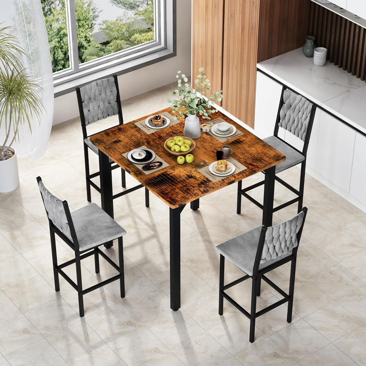 MOOSENG 5-Piece Counter Height Dining Table Set, Square Kitchen Table Set for 4 & 4 Velvet Bar Stools, Modern High Top Compact Dining Set Table for Small Spaces