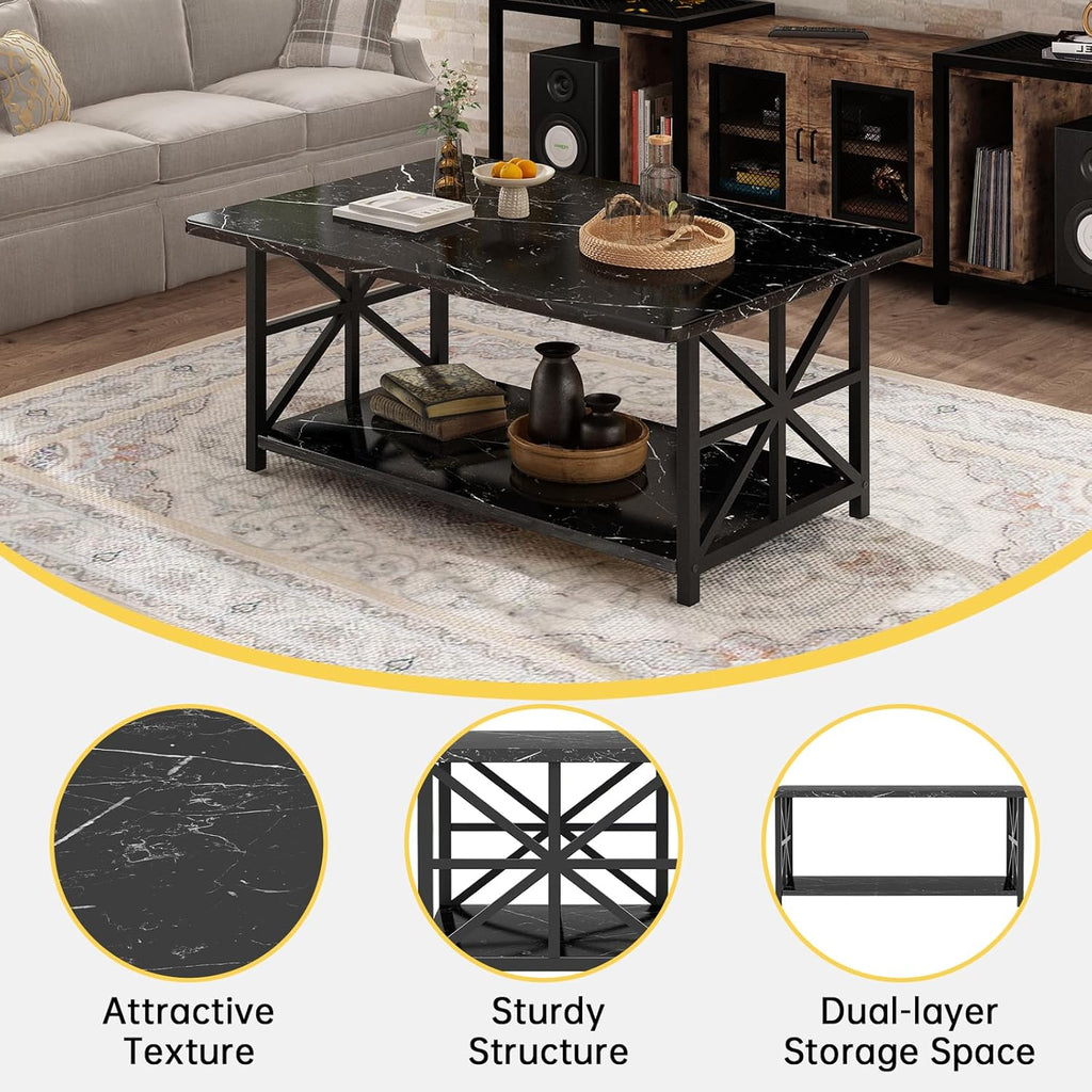 MOOSENG Coffee Table with Storage Shelf, 2-Tier Industrial Living Room Table Round Corners , Faux Marble Center Table with Metal Frame, Rustic Cocktail Table for Living Room