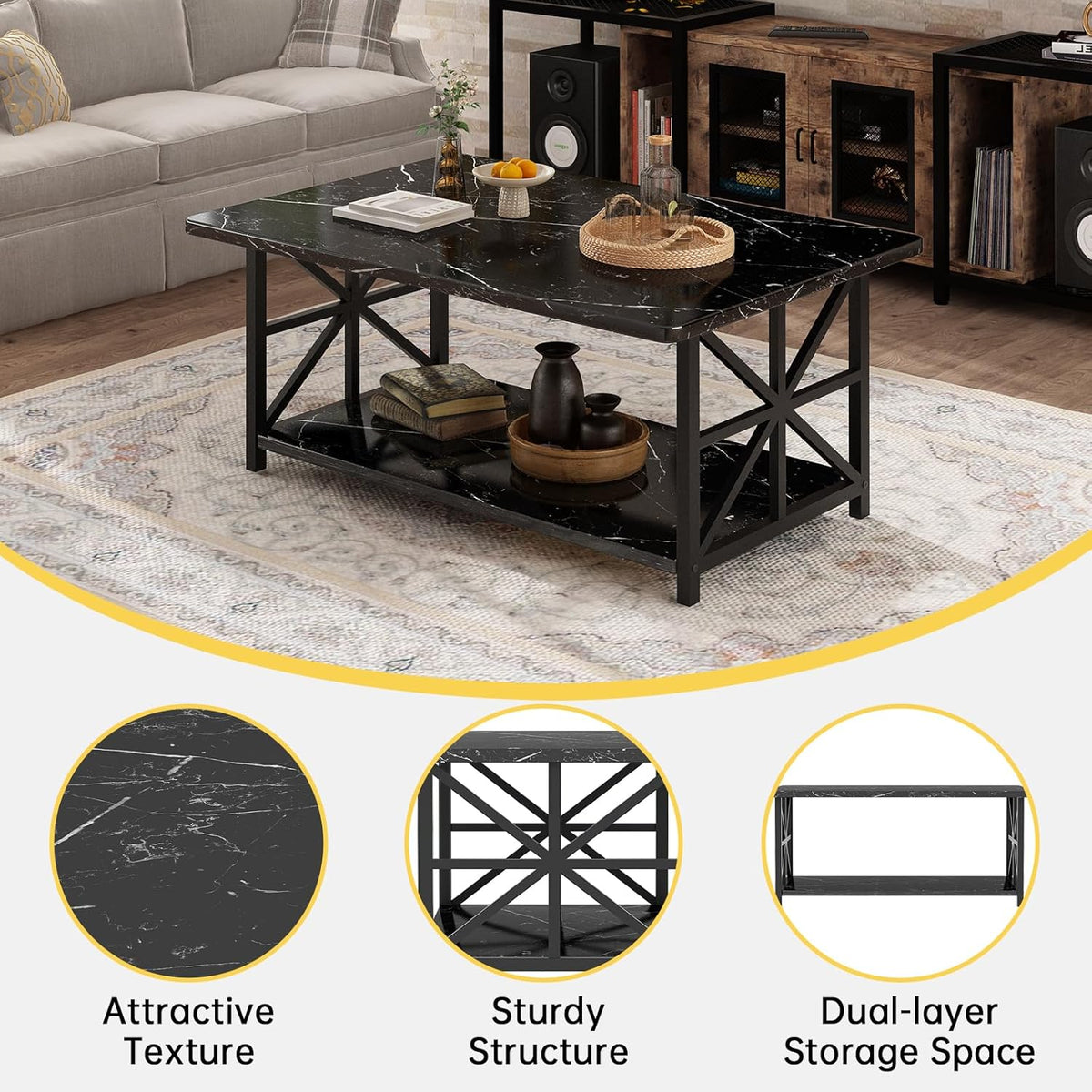 MOOSENG Coffee Table with Storage Shelf, 2-Tier Industrial Living Room Table Round Corners , Faux Marble Center Table with Metal Frame, Rustic Cocktail Table for Living Room