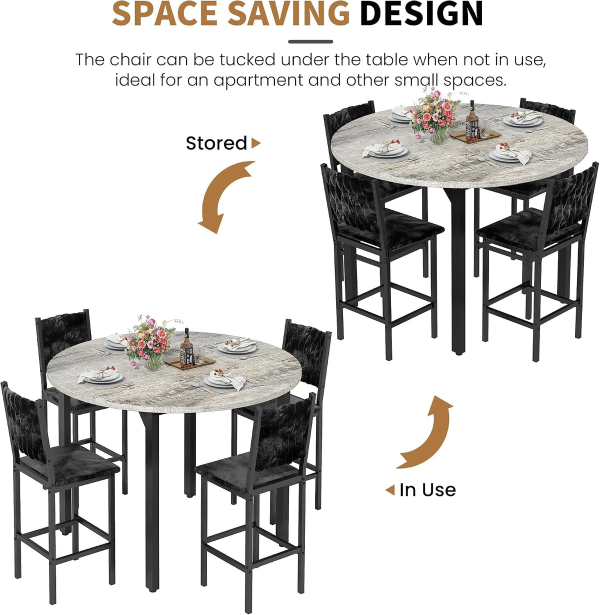 MOOSENG 5 Piece Round Dining Table Set for 4, Counter Height Dining Set with 4 Velvet Upholstered Chairs, Modern Kitchen Table Set, Round Dining Table & Chair for Small Spaces