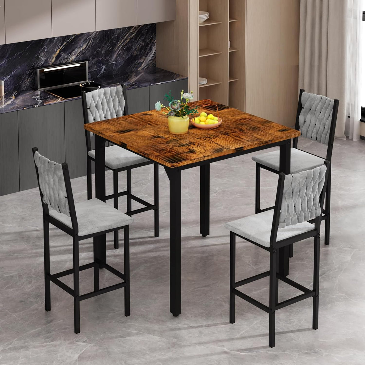 MOOSENG 5-Piece Counter Height Dining Table Set, Square Kitchen Table Set for 4 & 4 Velvet Bar Stools, Modern High Top Compact Dining Set Table for Small Spaces