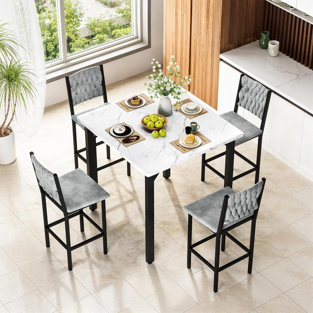 MOOSENG 5-Piece Counter Height Dining Table Set, Square Kitchen Table Set for 4 & 4 Velvet Bar Stools, Modern High Top Compact Dining Set Table for Small Spaces