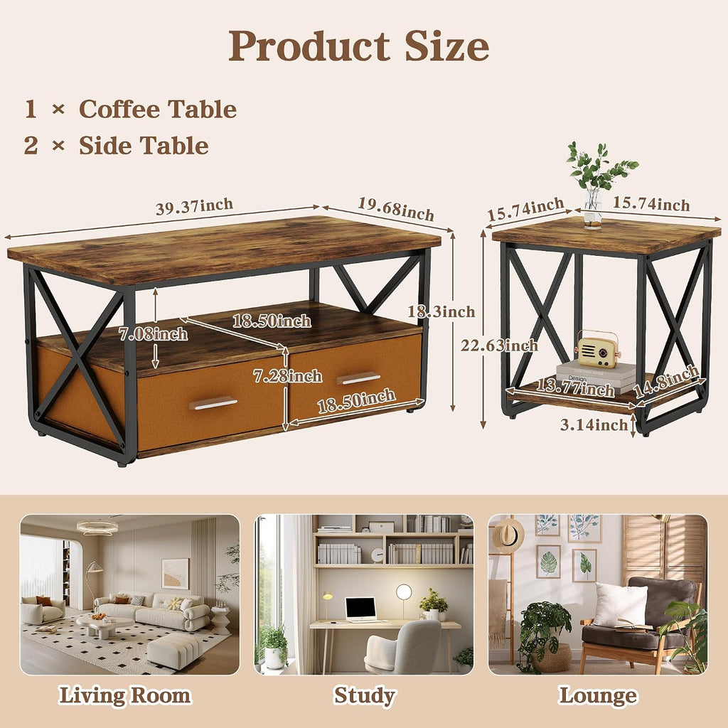 Cvortll 3-Piece Coffee Table Set with Storage, Rustic Brown Wood & Black Metal Industrial Living Room Table Set (No ratings yet)