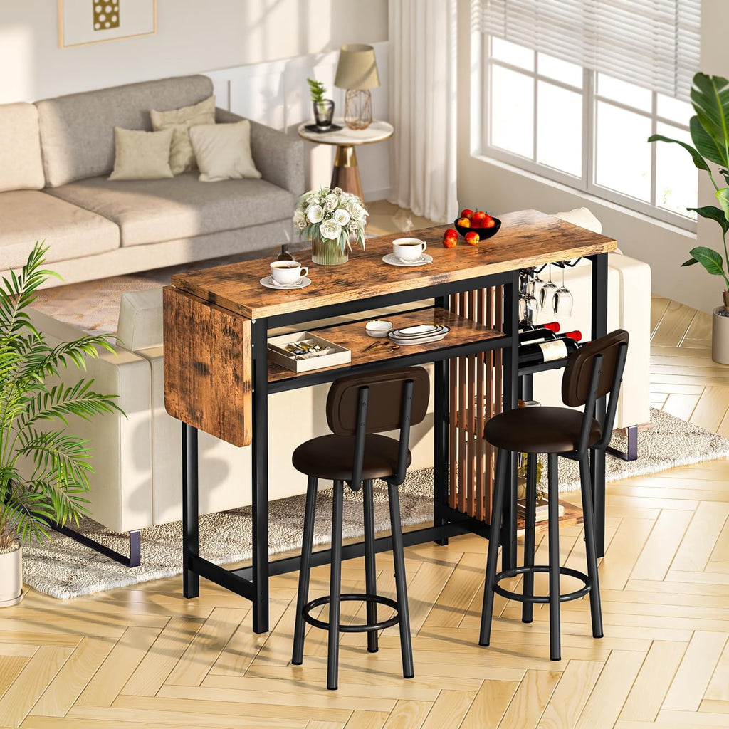 LinkRomat Bar Table Set, Modern Kitchen Dining Table with 4 Storage Shelves and 2 PU Back Stools for Kitchen and Breakfast Nook, Expandable 59 Inch