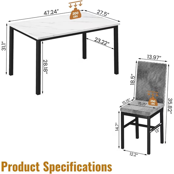MOOSENG Small Dining Table Set for 4, 5 Pieces Dining Room Sets with Faux Marble Table & Velvet Chairs, Modern Kitchen Table Set with Chair for 4