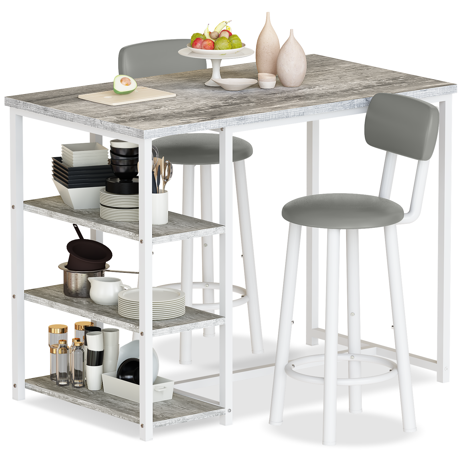 LinkRomat Dining Table Set for 2,3 Piece Pub Table and Chairs Set with Storage Shelves, Small Space Bistro Kitchen & Bar Tables, Counter Height Dining Set
