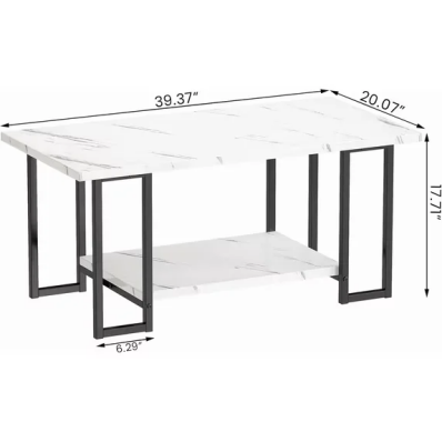LinkRomat Modern Coffee Table, 40" Faux Marble Top Rectangular Coffee Table with Black Metal Frame, 2 Tier Living Room Table for Living Room, Office, Balcony, White