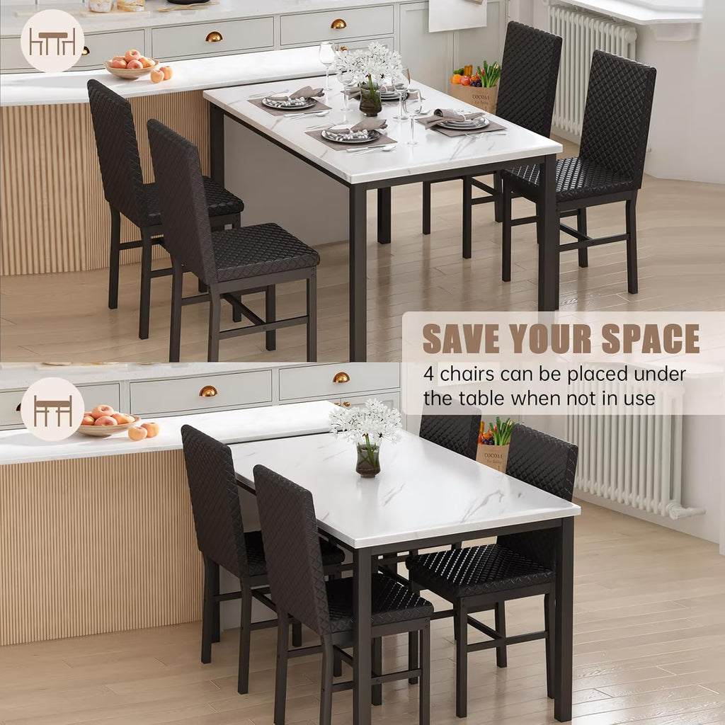 MOOSENG Small Dining Table Set for 4, 5 Pieces Dining Room Sets with Faux Marble Table & Velvet Chairs, Modern Kitchen Table Set with Chair for 4