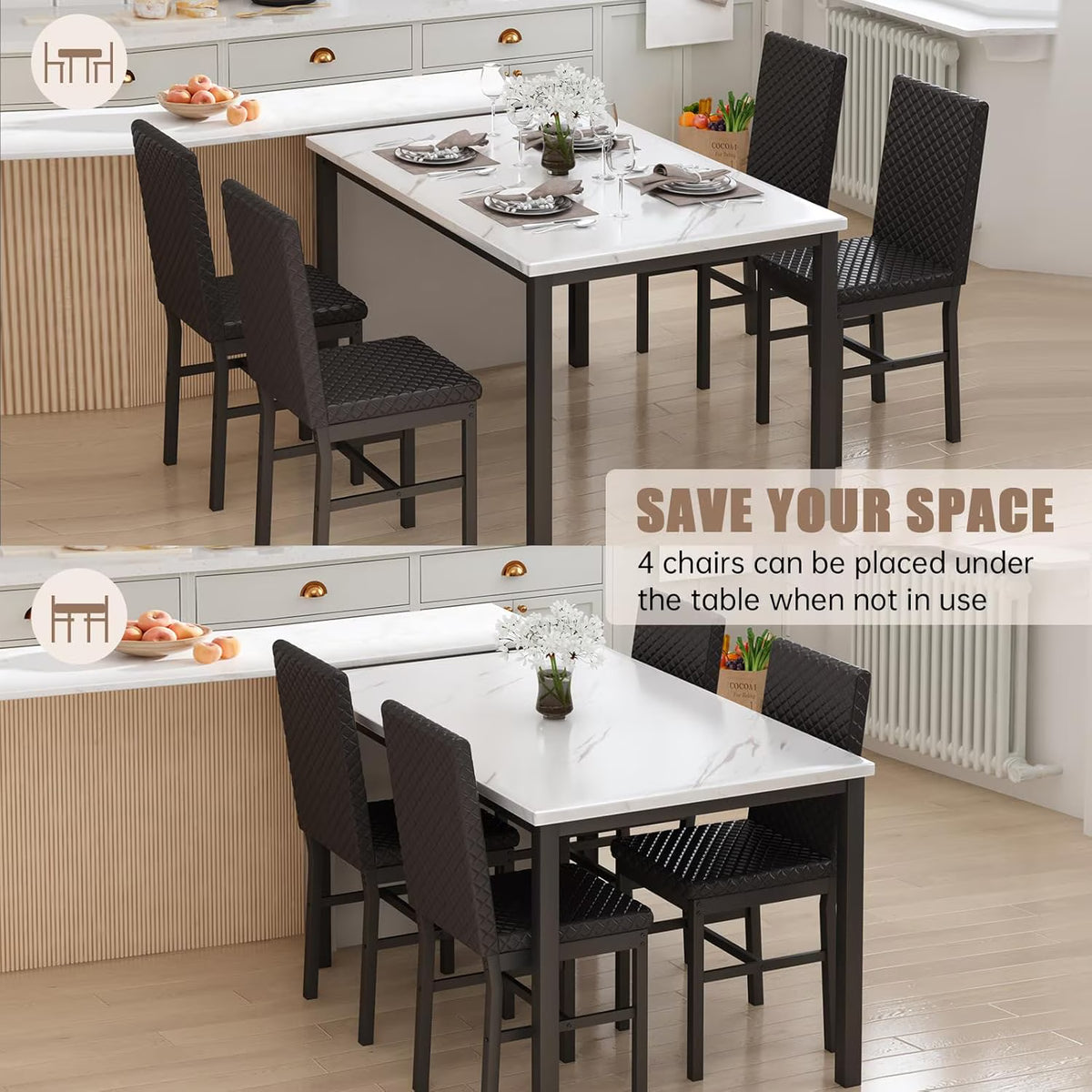 MOOSENG Small Dining Table Set for 4, 5 Pieces Dining Room Sets with Faux Marble Table & Velvet Chairs, Modern Kitchen Table Set with Chair for 4