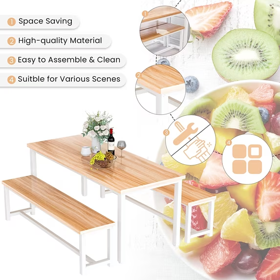 Cvortll Dining Room Table Set with 2 Benches, Kitchen Dining Table Set for 2-4 Person, Space Saving Kitchen Table and Chair Set with Metal Frame for Dining Room, Small Space, Breakfast Nook