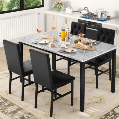 LinkRomat 5-Piece Dining Table Set for 4 Faux Marble with Button Tufted Upholstered Chairs, Kitchen Table with Chairs, Black