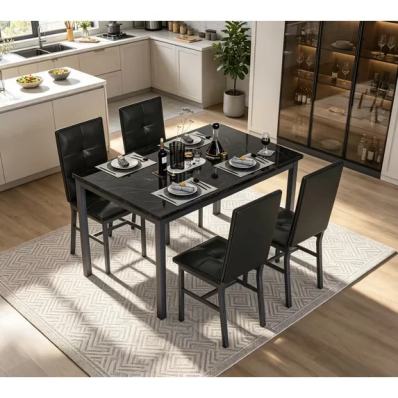 LinkRomat Dining Table Set for 4, Modern Faux Marble Tabletop and 4 PU Leather Upholstered Chairs, Kitchen Table and Chairs for Dining Room Breakfast Nook, White