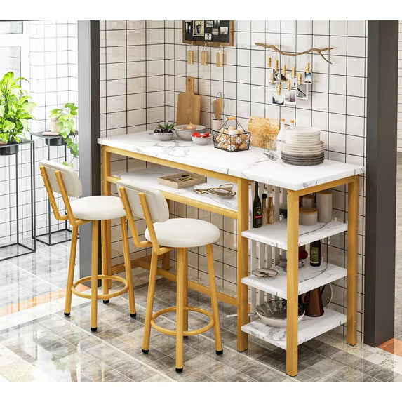 MOOSENG 3-Piece Bar Table and Chairs Set, Faux Marble Kitchen Counter Table with 2 PU Upholstered Bar Stools, Bistro Table with 3-Tier Storage Shelves, Space Saving for Small Space