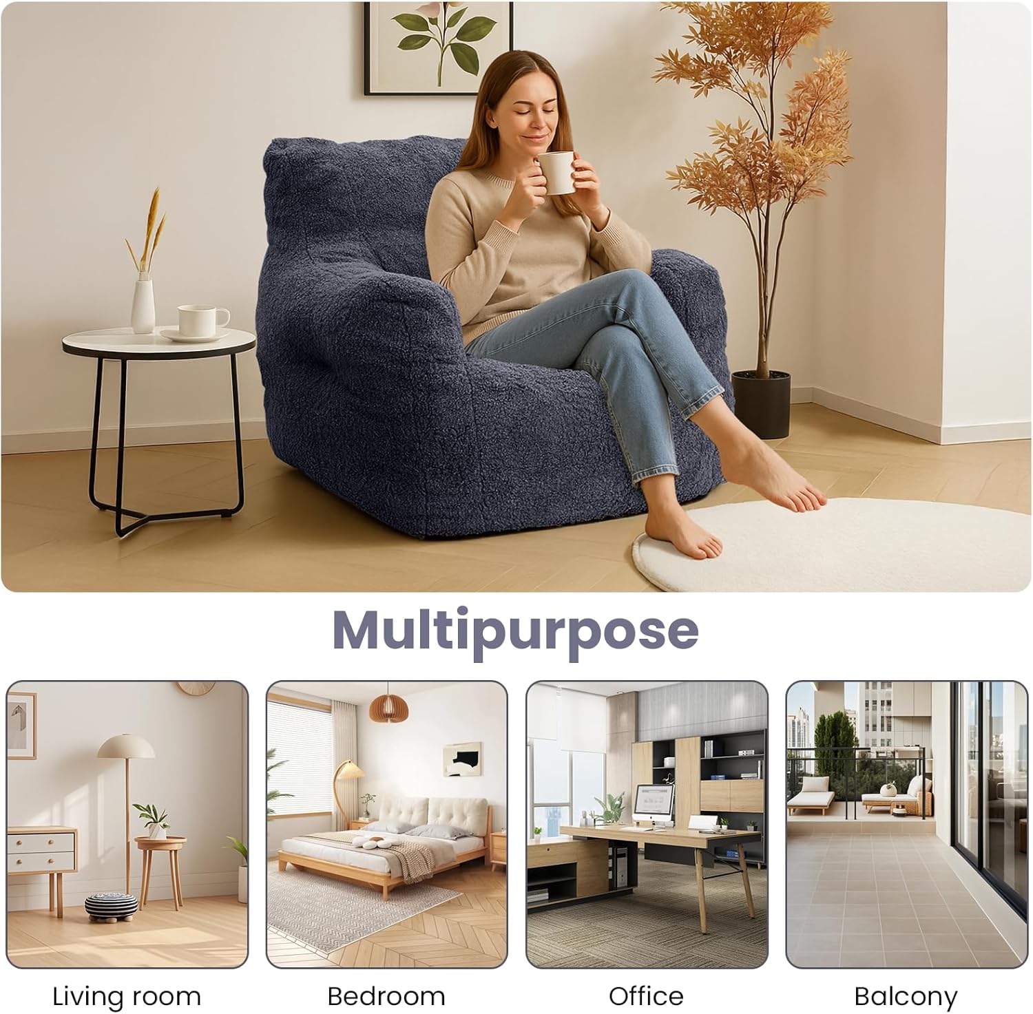 LinkRomat Bean Bag Chair, Bean Bag Sofa with Tufted Soft Stuffed Filling, Fluffy and Lazy Sofa with Premium Memory Foam Filler for Living Room, Bedroom, Dorm