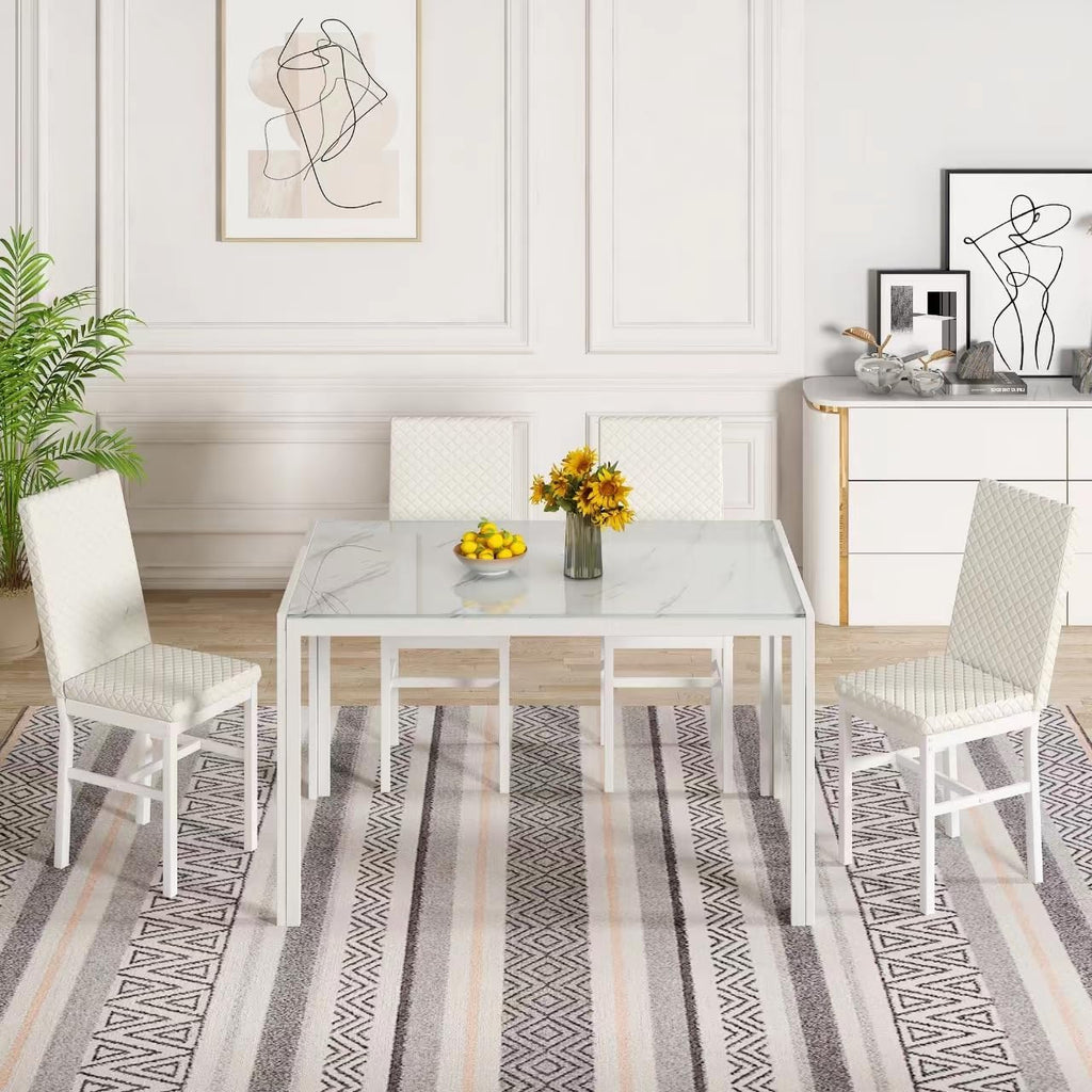LinkRomat Dining Table Set for 4, Glass Table & PU Leather Chairs, Kitchen Tabletop and Chairs Set for Small Space, Apartment, Home Furniture, White