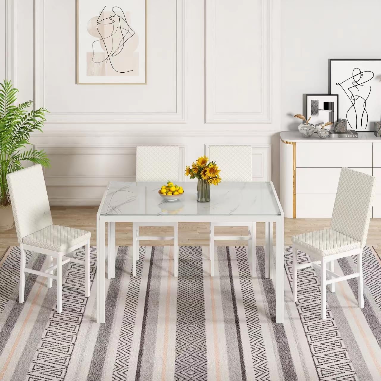 LinkRomat Dining Table Set for 4, Glass Table & PU Leather Chairs, Kitchen Tabletop and Chairs Set for Small Space, Apartment, Home Furniture, White