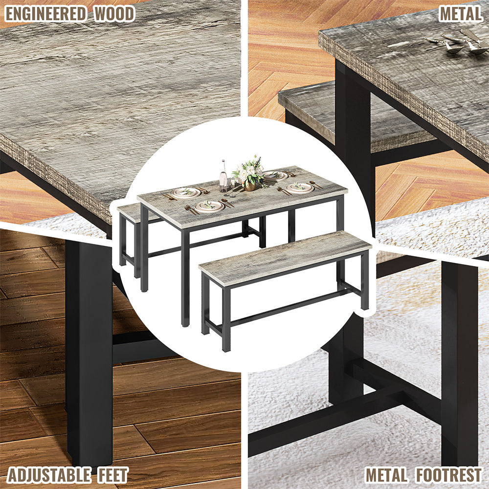 LinkRomat 3 Piece Dining Room Table Set for 4, 47" Farmhouse Dining Table with Benches, Rectangular Kitchen Sets for Small Space, Apartment, Restaurant, Grey & Black
