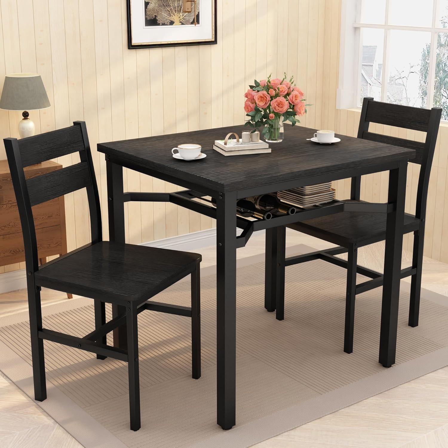 LinkRomat Small Dining Table for 2, Wooden Dinner Table with Storage, 3 Piece Farmhouse Square Dinette Set for Dining Room, Apartment, Small Space