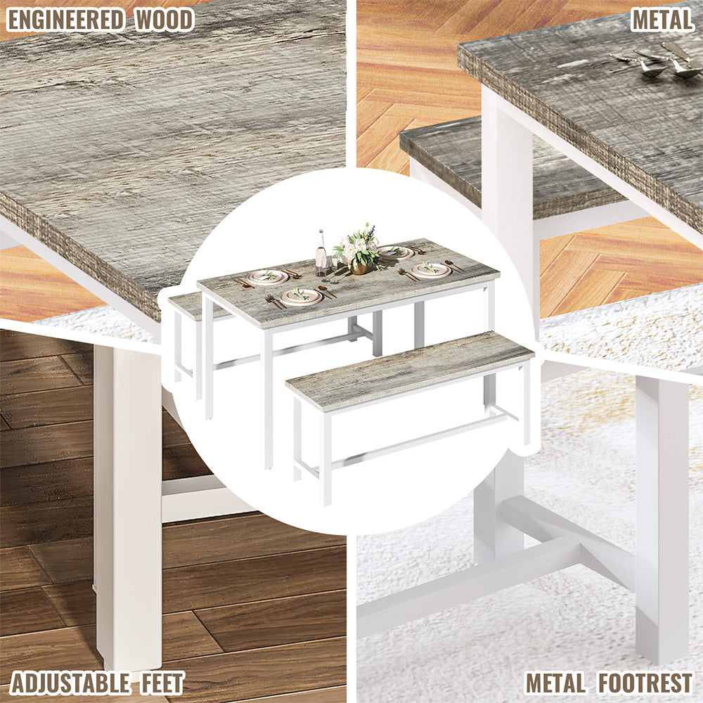 LinkRomat 3 Piece Dining Room Table Set for 4, 47" Farmhouse Dining Table with Benches, Rectangular Kitchen Sets for Small Space, Apartment, Restaurant, Grey & Black