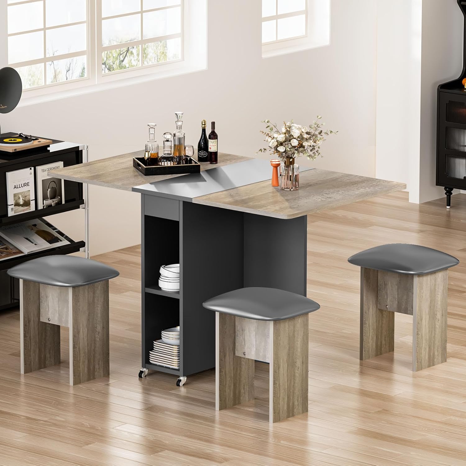 LinkRomat Folding Dining Table Set for 4, Kitchen Table with Shelves & 4 Leather Chairs, Space Saving Foldable Dining Table with 6 Wheel (Grey)