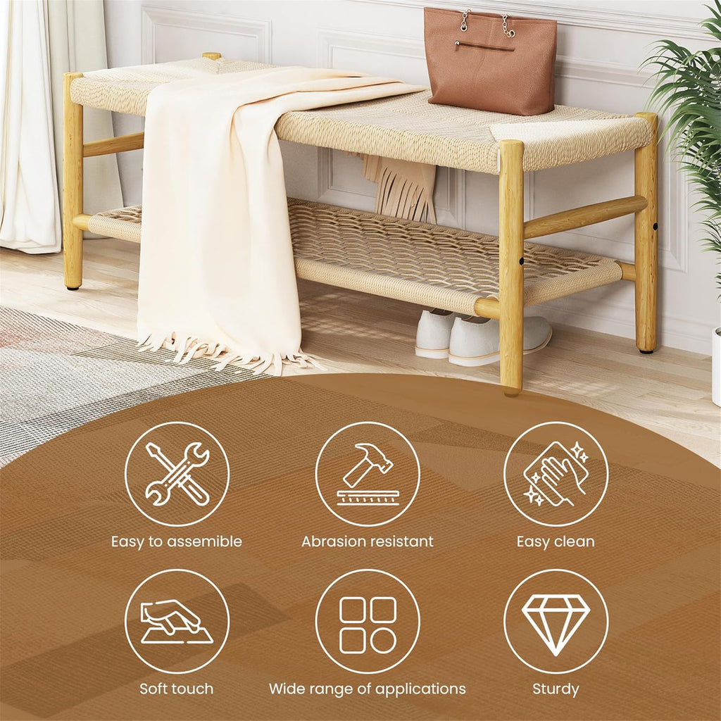 LinkRomat Wicker Bench Indoor Entryway Bench with Paper Cord Ottoman & Grid Storage Rack, Mid-Century Long Chair with Wood Legs for Room Channel